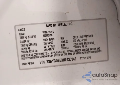 2022 Tesla Model Y Long Range Dual Motor All-Wheel Drive z USA, uszkodzony, nr VIN 7SAYGDEE3NF435942